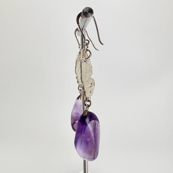 Sterling Silver 925 Amethyst Nugget Victorian Lady Dangle Earrings 3" Length - Picture 6 of 15